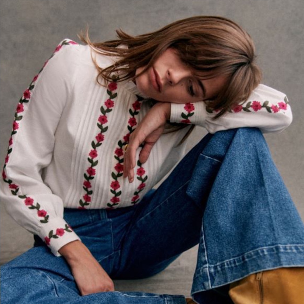 Sezane Maggie cotton and linen blend embroidered floral top